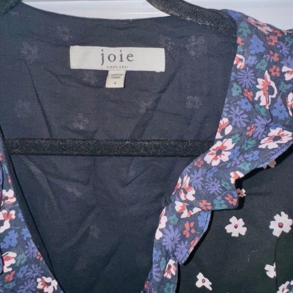 Joie Ambroise Dress Women's 14 Caviar Multi V-Neck Ruffle Trim Elbow Sleeve~ - Picture 7 of 8